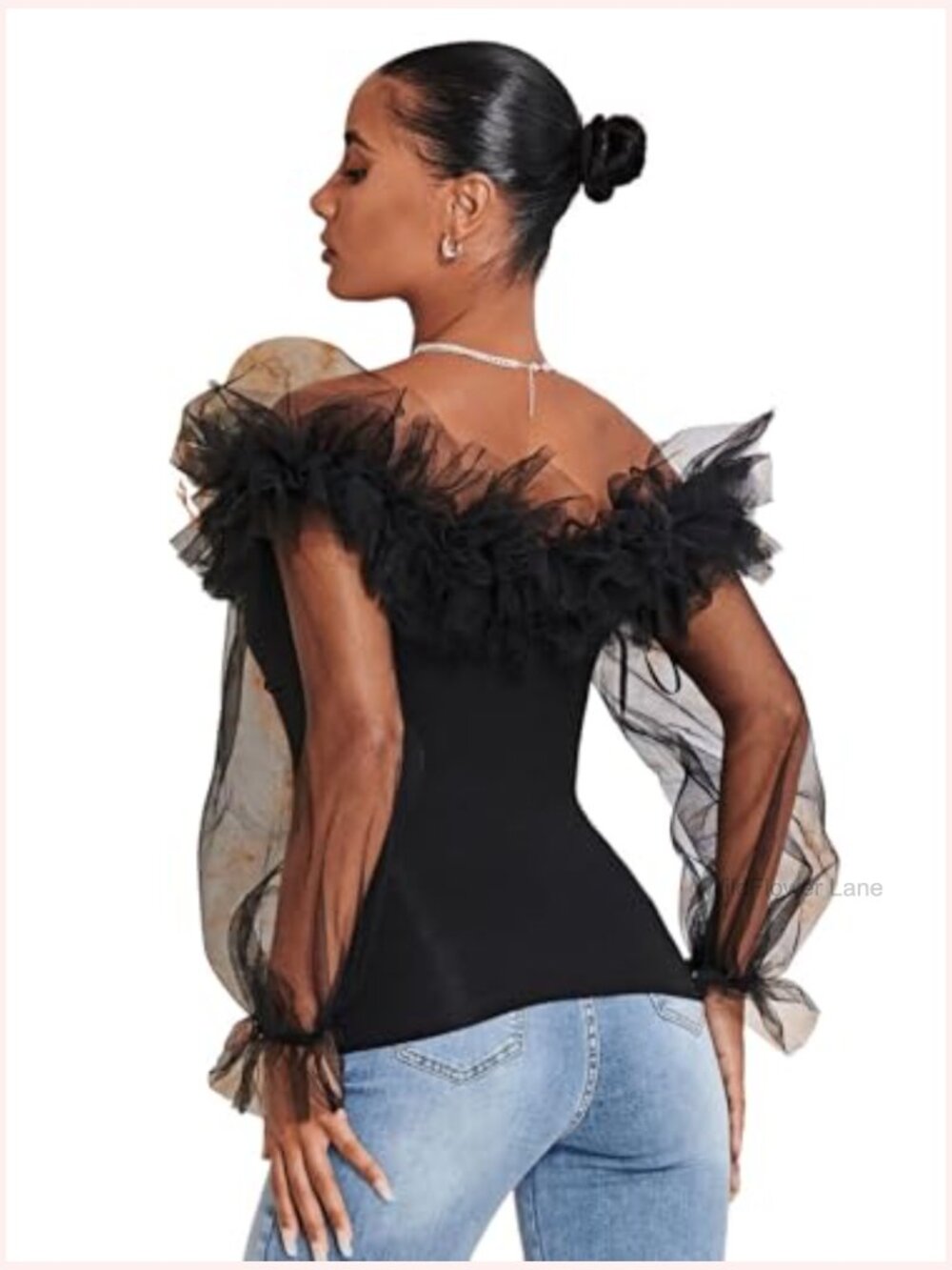 Ruffle Off Shoulder Blouse Mesh Puff Sleeve Party Top Fitted Tee - Picture 2 of 7